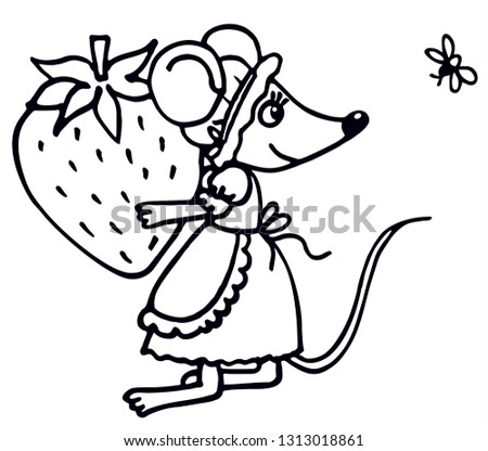 Cute girl mouse in a retro dress is holding a big strawberry. Black and white vector for card or gift, for coloring.