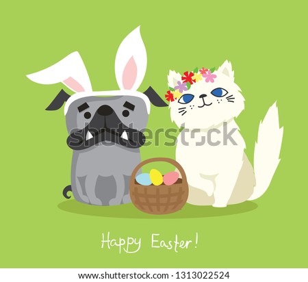 Vector card with cute puppy dog and cat with rabbit ears, spring flower, egg and hand drawn text - Happy Easter in the flat style 