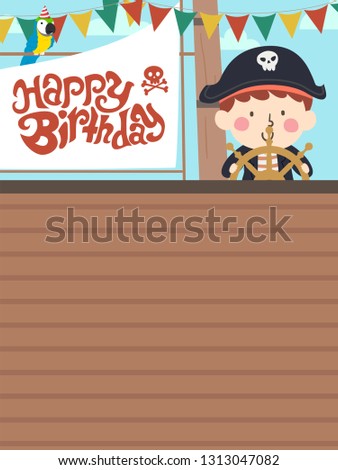Illustration of a Kid Boy Pirate Using the Steering Wheel of a Ship Board with Happy Birthday Flag