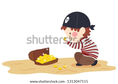 Illustration of a Kid Boy Pirate Looking at and Inspecting a Gold Coin from a Treasure Chest He Found Buried Under the Sand