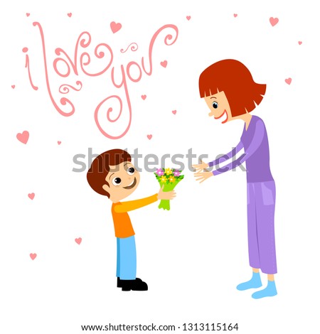 little boy is giving flowers to his mother. with hand writing font. vectoral illustration for women's day or mother's day.