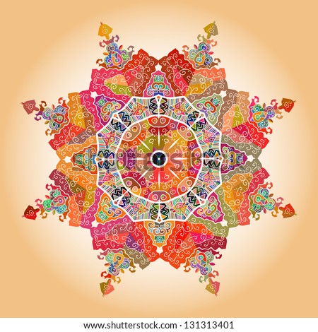 Oriental multicolored  8-corner Mandala motif round lase pattern on the yellow background, like snowflake or mehndi paint of orange color. Indian, asian, islamic symbol. Lotus mandala, oriental Yantra