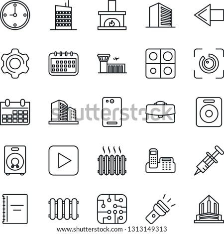 Thin Line Icon Set - left arrow vector, airport building, office, calendar, syringe, speaker, play button, phone back, settings, torch, eye id, application, case, copybook, clock, fireplace, heater