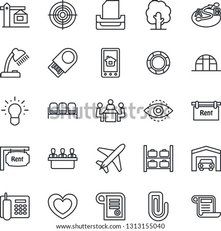Thin Line Icon Set - plane vector, waiting area, luggage storage, tree, greenhouse, heart, route, eye id, paper clip, office phone, desk lamp, target, meeting, tray, garage, rent, crane, usb flash