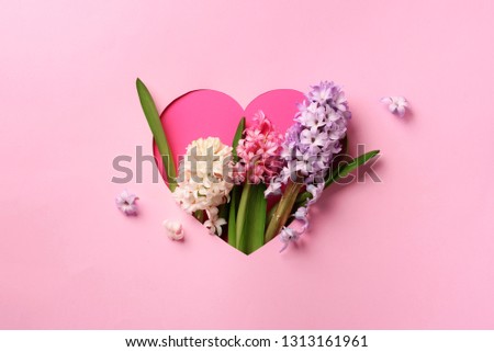 Hyacinth flowers in hole in heart shaped form over pink punchy pastel background. Top view, flat lay. Banner. Spring, summer or garden concept. Present for Woman day. Royalty-Free Stock Photo #1313161961