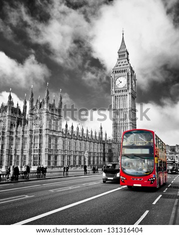 Houses of Parliament and Westminster bridge in London Royalty-Free Stock Photo #131316404