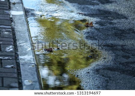 Puddle on the road with reflection .