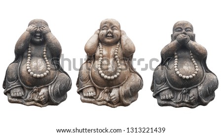 Three Buddha statues in a pose of three wise monkeys "See no evil, Hear no evil, Speak no evil" isolated on white