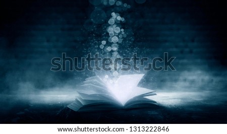 The book is open, magical glow, rays of light. 