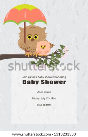 Baby shower invitation card. It is a girl, arrival. Cute owl mom and daughter are sitting on a tree branch. Mom is holding an umbrella. Background of falling rain drops. Vector