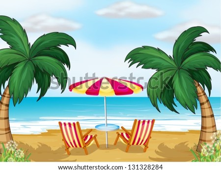 Illustration of the view of the beach with a beach umbrella and chairs