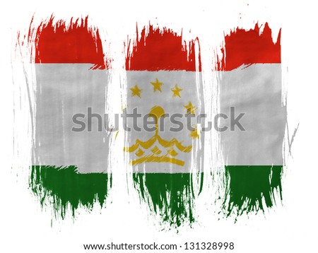 The Tajik flag painted with 3 vertical  brush strokes on white background