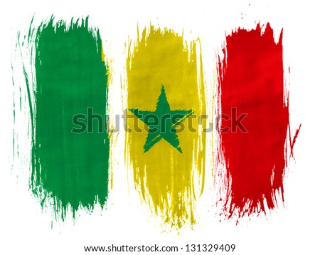 The Senegal flag painted with 3 vertical  brush strokes on white background