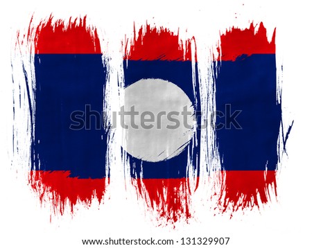 The Laotian flag  painted with 3 vertical  brush strokes on white background