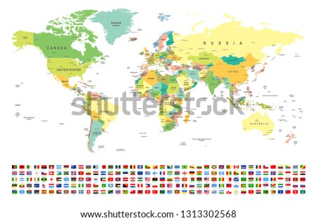 World Map and Flags - borders, countries and cities -vector illustration