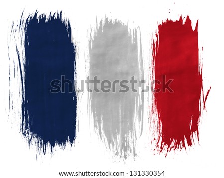 France. French flag  painted with 3 vertical  brush strokes on white background