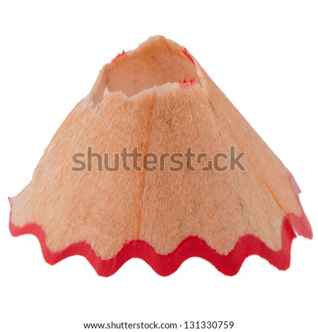 Closeup of pencil shaving isolated on white background.