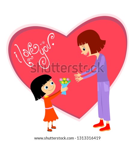 little girl is giving flowers to her mother. pink heart background with hand writing font. 