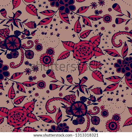 Small Flowers. Seamless Pattern in Country Style. Autumn Floral Texture with Hand Drawn Doodle Blossoms, Leaves and Buds. Small Natural Rapport for Chintz, Cotton, Calico. Vector.