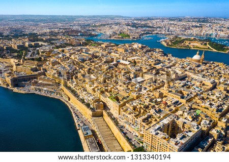 Aerial view of Valletta city - capital of Malta country, Manoel island and Sliema. Winter, Morning