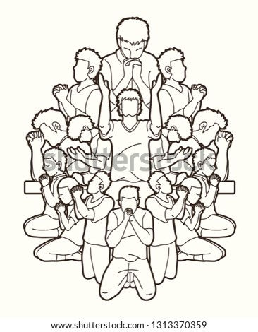 Pray or Prayer concept. Double exposure cartoon graphic vector praising the Lord. Group of people praying to God. Double exposure cartoon graphic vector