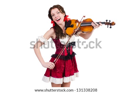 Young woman playing violin on white