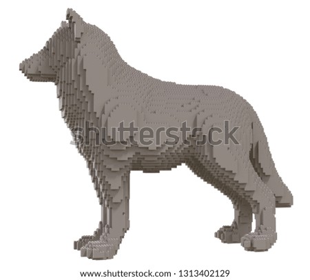 Gray wolf from plastic blocks on a white background. 3D illustration.