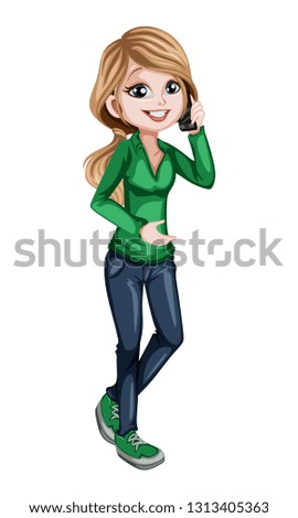 Young Beautiful Woman  Talking on Phone Cartoon Illustration. Girl Wearing Green T-shirt and Jeans and Holding a Smartphone Isolated on White Background