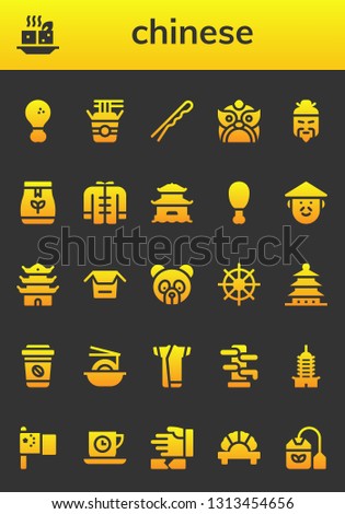 chinese icon set. 26 filled chinese icons.  Collection Of - Fried chicken, Tofu, Noodles, Hairpin, Dragon, Chinese, Tea bag, Wushu, Pagoda, Panda bear, Buddhism, Take away, Kimono