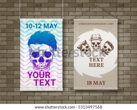 Vector realistic illustration of hipster's skulls with haircut and mustache in bandanna or hat print on poster with place for text, advertising banner isolated on brown brick wall background