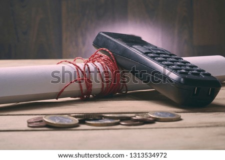 wooden table with telephone, wallet, wood, document