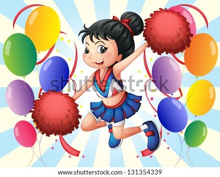 Illustration of a cheerleader holding red pompoms with balloons on a white background