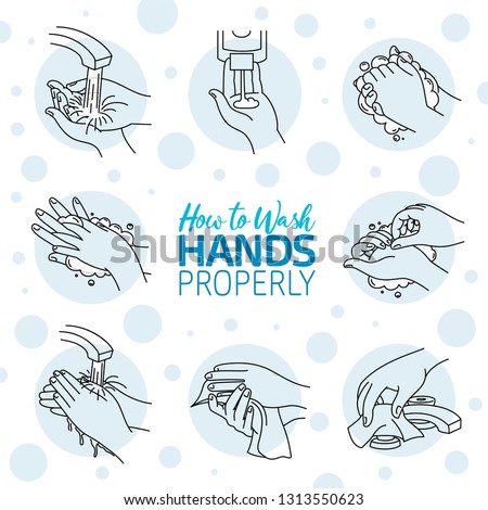 How to wash your hands properly. Vector illustration of Handwashing. Hands soaping and rinsing Royalty-Free Stock Photo #1313550623