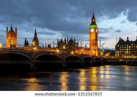 Big Ben tower and Houses of Parliament at night, London, UK
