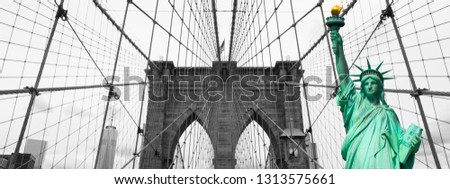 Statue of Liberty and Brooklyn Bridge in New York put together in photoshop