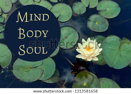 Beautiful blooming waterlily and text Mind, Body, Soul on water surface, top view. Zen practice