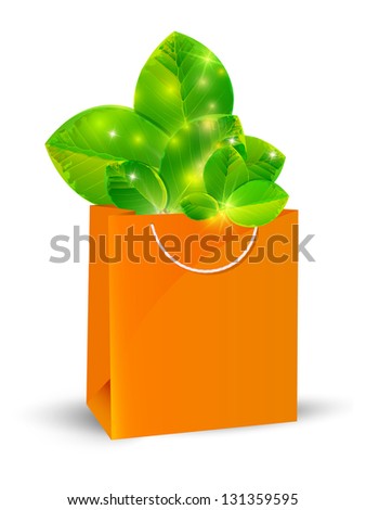 Gift bag with green leaves. Part of set. Vector.