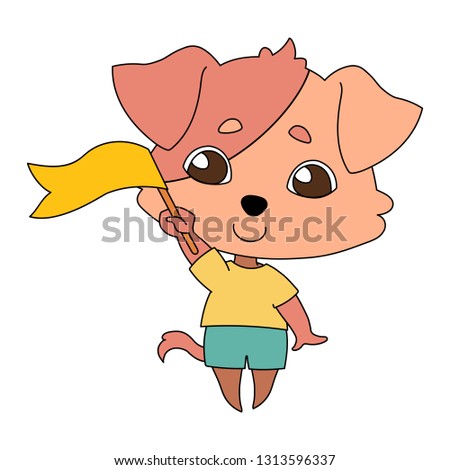 A dog with hanging ears in summer clothes holds a small flag in his hand. Coloring book pages for kids. Cartoon vector illustration. Contour on a white background.