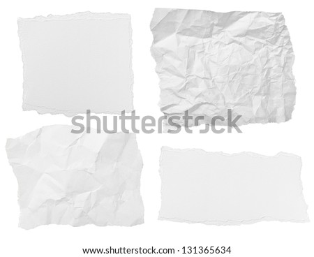collection of  white ripped pieces of paper on white background. each one is shot separately