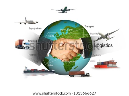Abstract image of the world logistics, there are world map background and container truck, ship in port , airplane and hand shake for business success