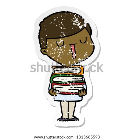 distressed sticker of a cartoon happy boy with stack of books