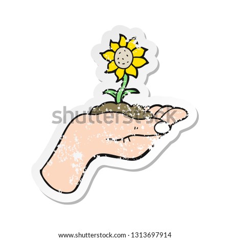 retro distressed sticker of a cartoon flower growing in palm of hand