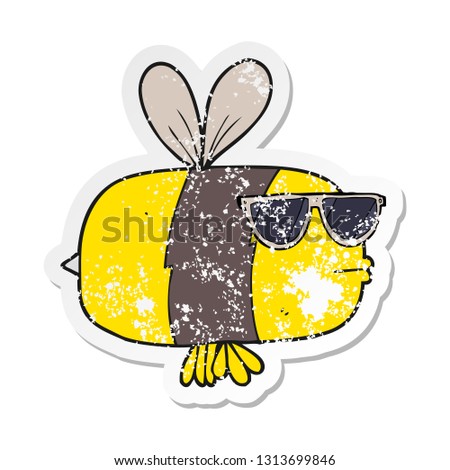 retro distressed sticker of a cartoon bee wearing sunglasses