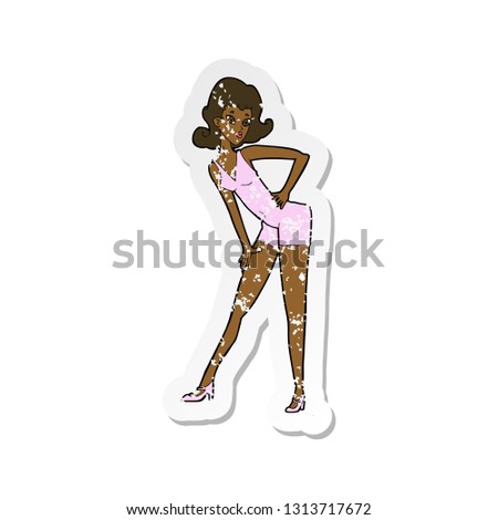 retro distressed sticker of a cartoon model woman posing