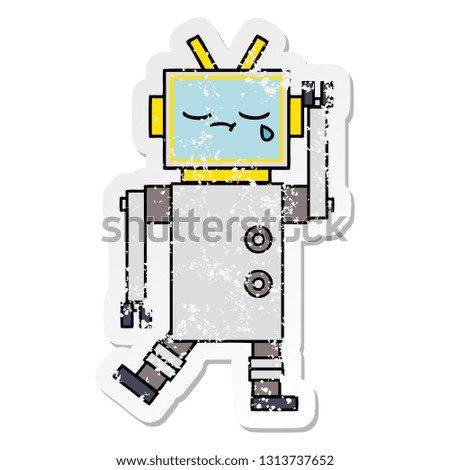 distressed sticker of a cute cartoon crying robot