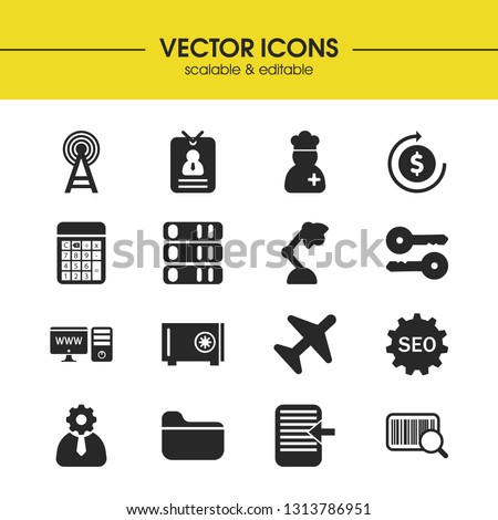 Job business icons set with calculator, archive and setting SEO elements. Set of job business icons and mechanic concept. Editable vector elements for logo app UI design.