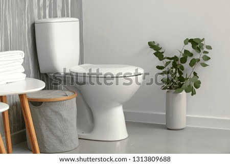 Modern interior of restroom with ceramic toilet bowl Royalty-Free Stock Photo #1313809688