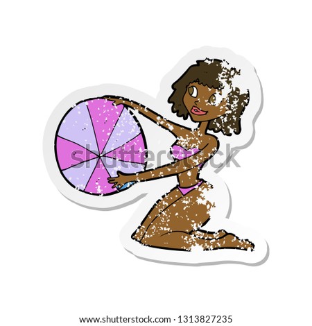 retro distressed sticker of a cartoon bikini girl with beach ball