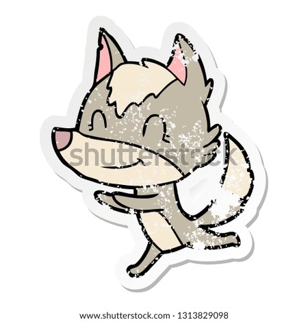 distressed sticker of a friendly cartoon wolf running