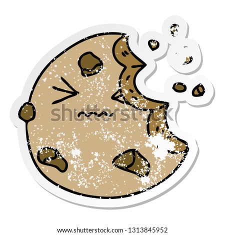 distressed sticker of a quirky hand drawn cartoon munched cookie